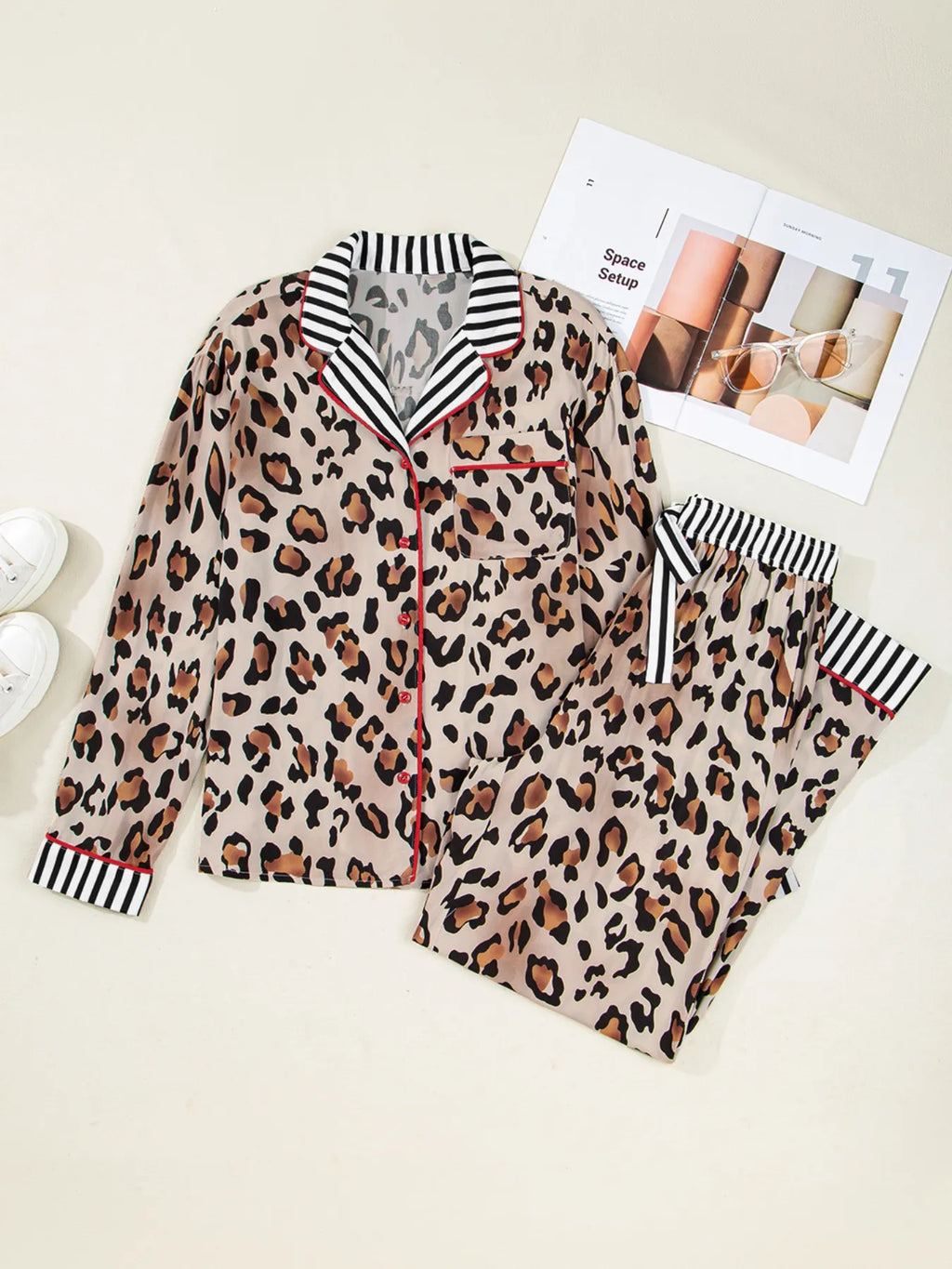 Leopard and Striped Trim Shirt and Pants Set