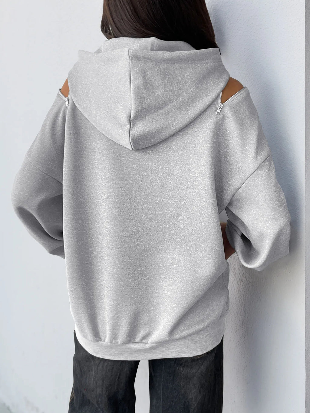 Drawstring Zip Detail Cold Shoulder Hoodie