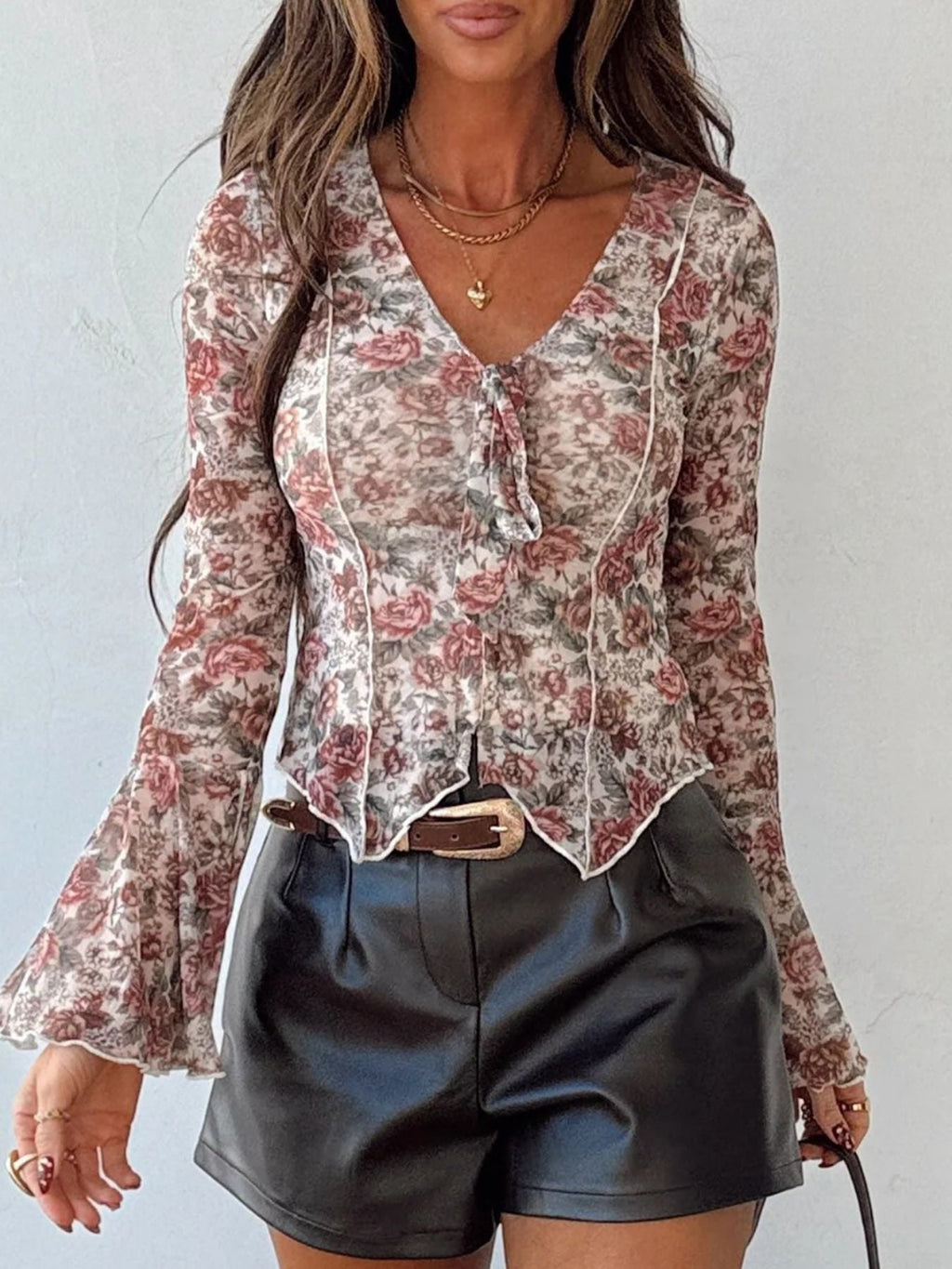 Floral Print Flounce Sleeve Blouse