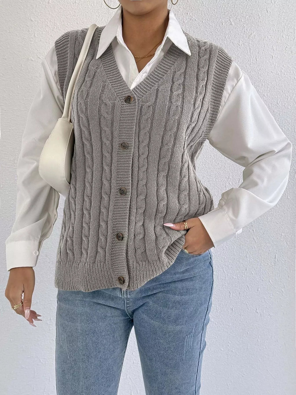 Cable-Knit Button-Up Sweater Vest