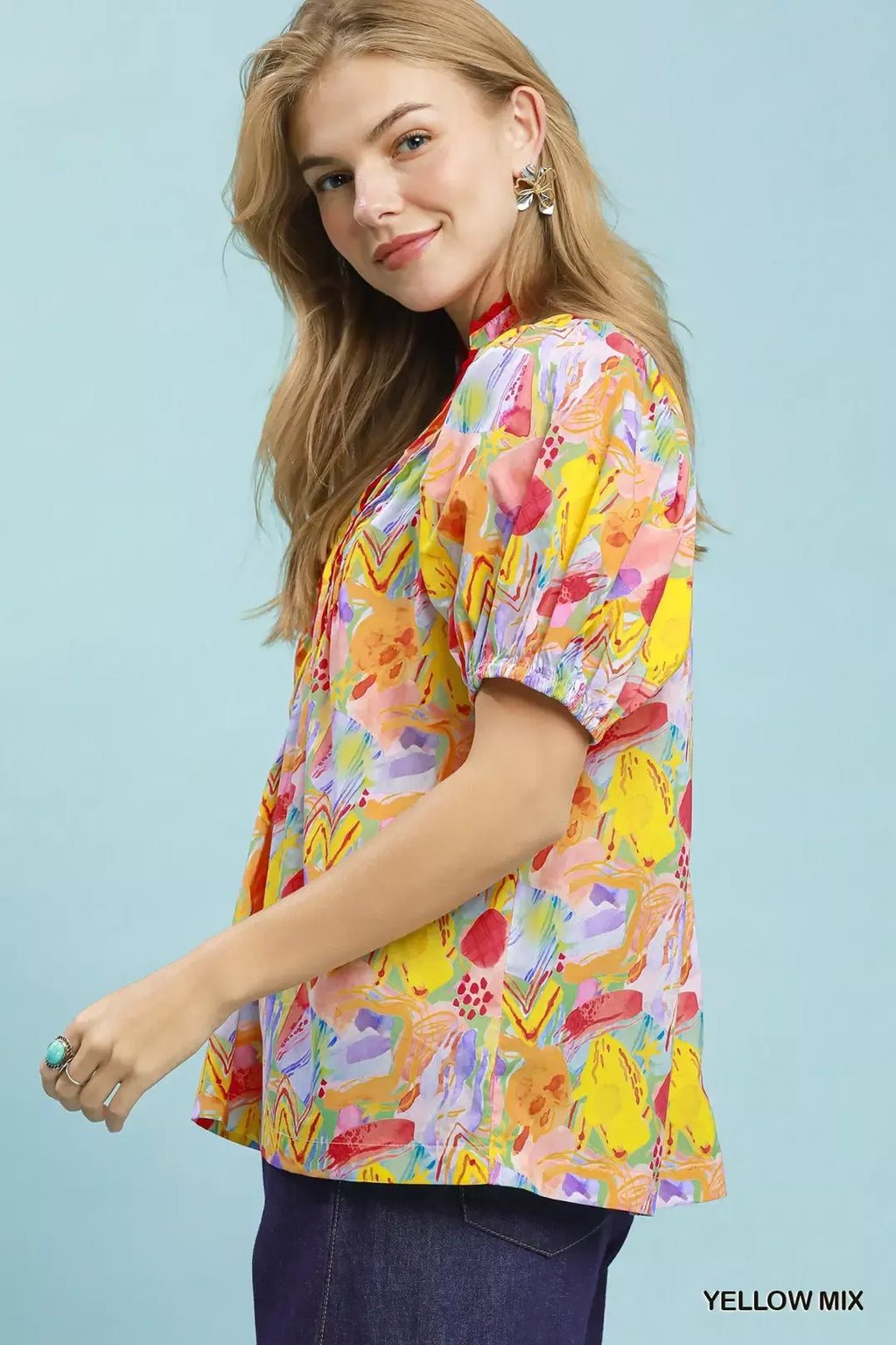 Umgee Abstract Print Puff Sleeve Top