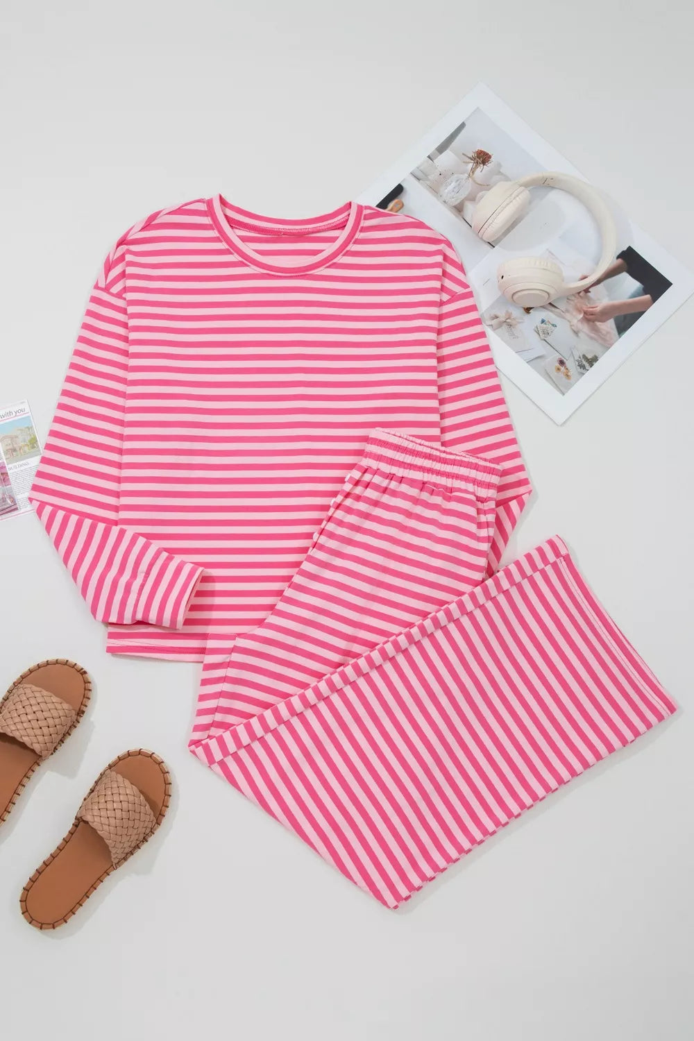 Stripe Drop Shoulder Round Neck Top and Buttoned Straight Pants Two Piece Set