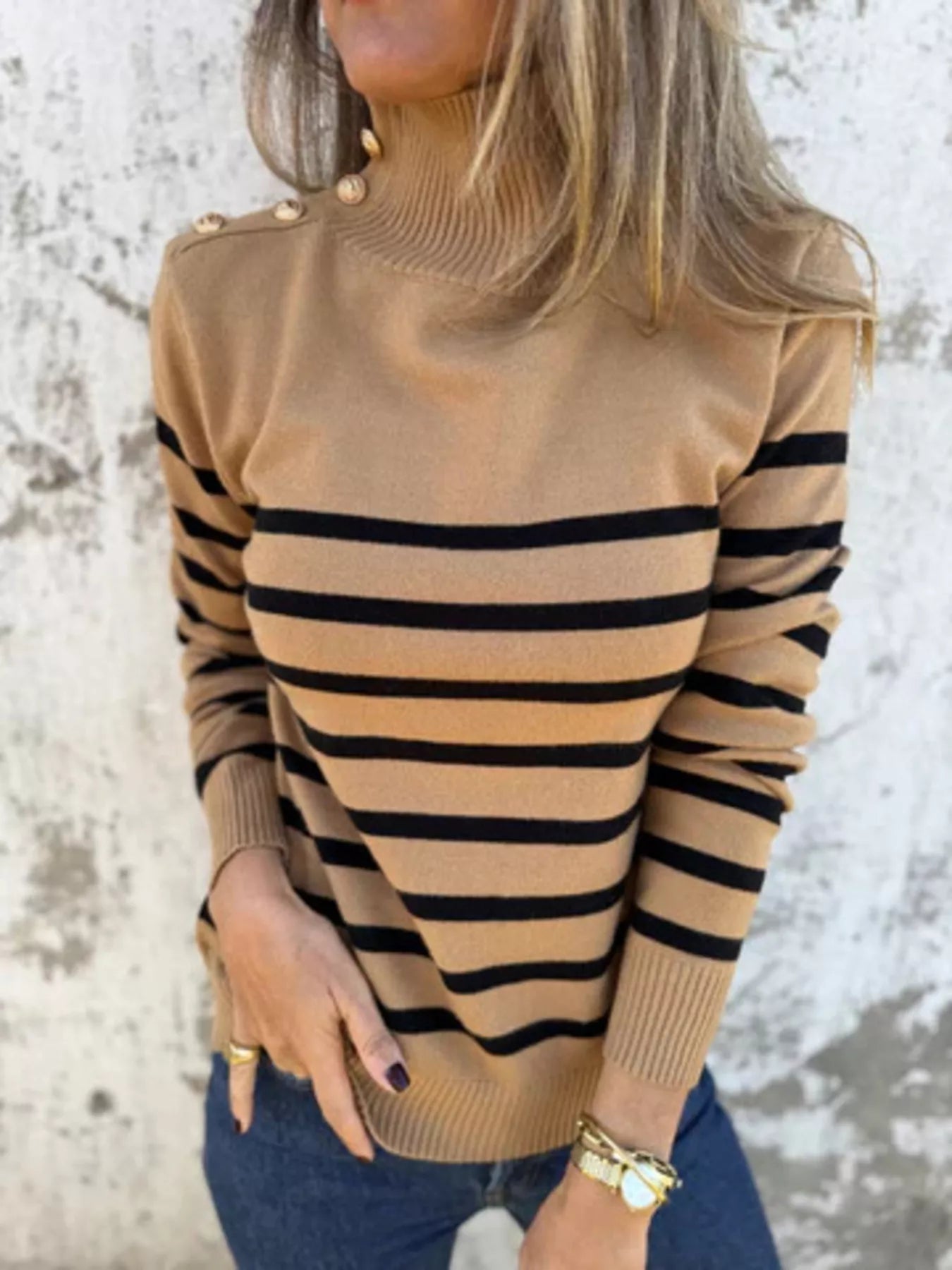 Full Size Striped Turtleneck Long Sleeve Sweater Plus Size