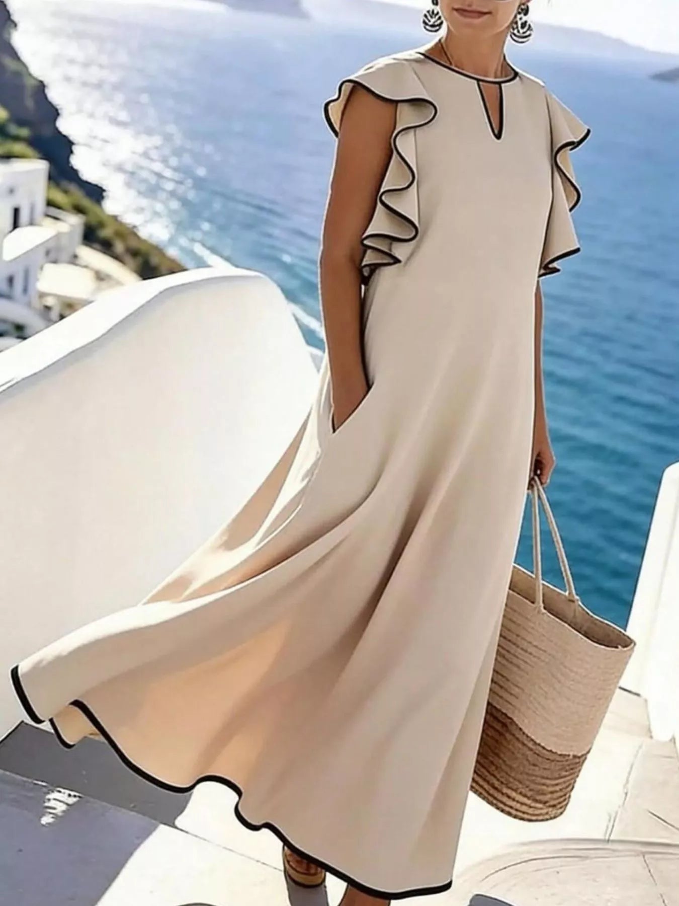 Ruffle Trim Notched Midi Dress