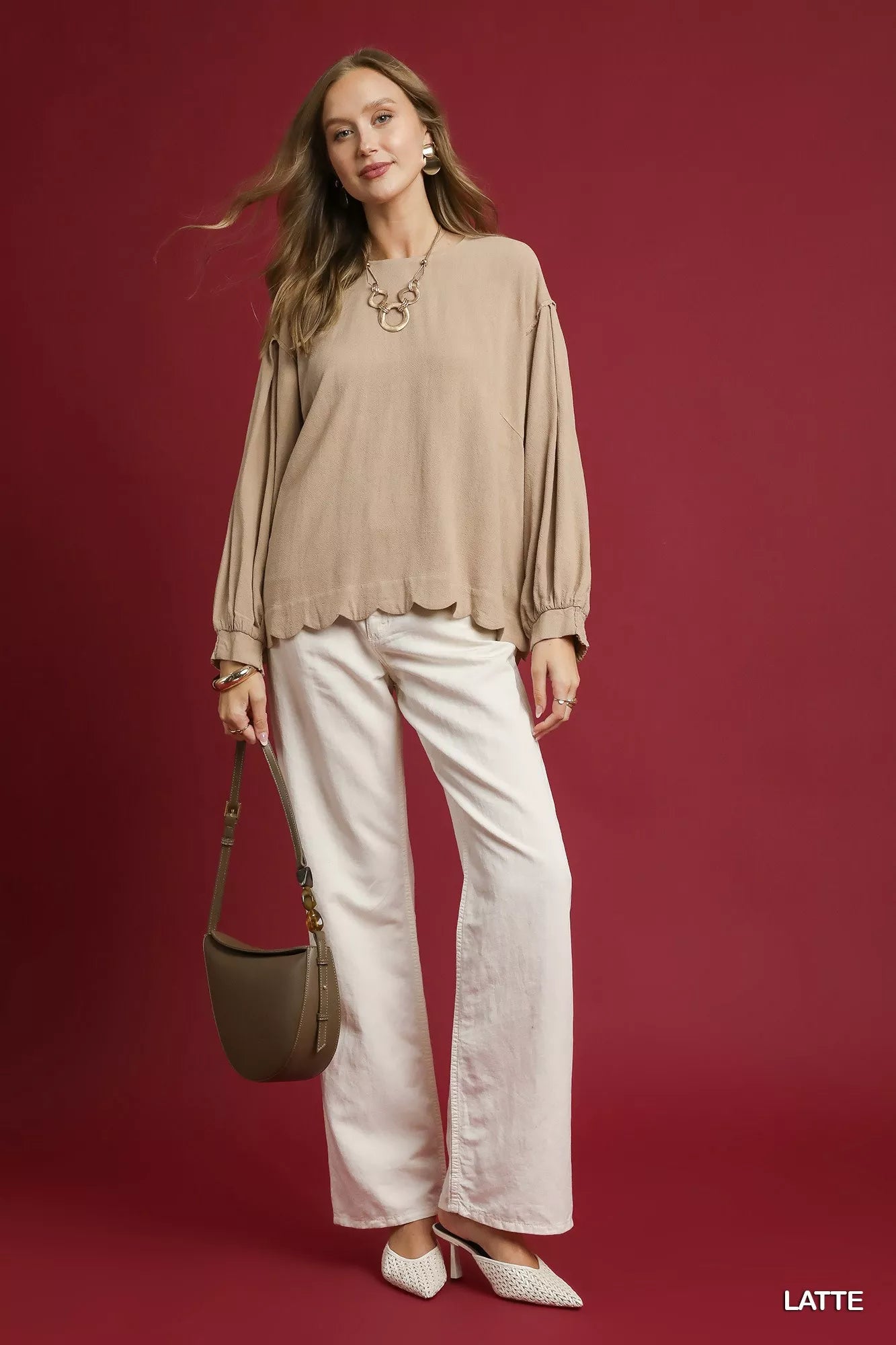 Umgee Linen Scallop Hem Long Sleeve Blouse | Fitiquefit