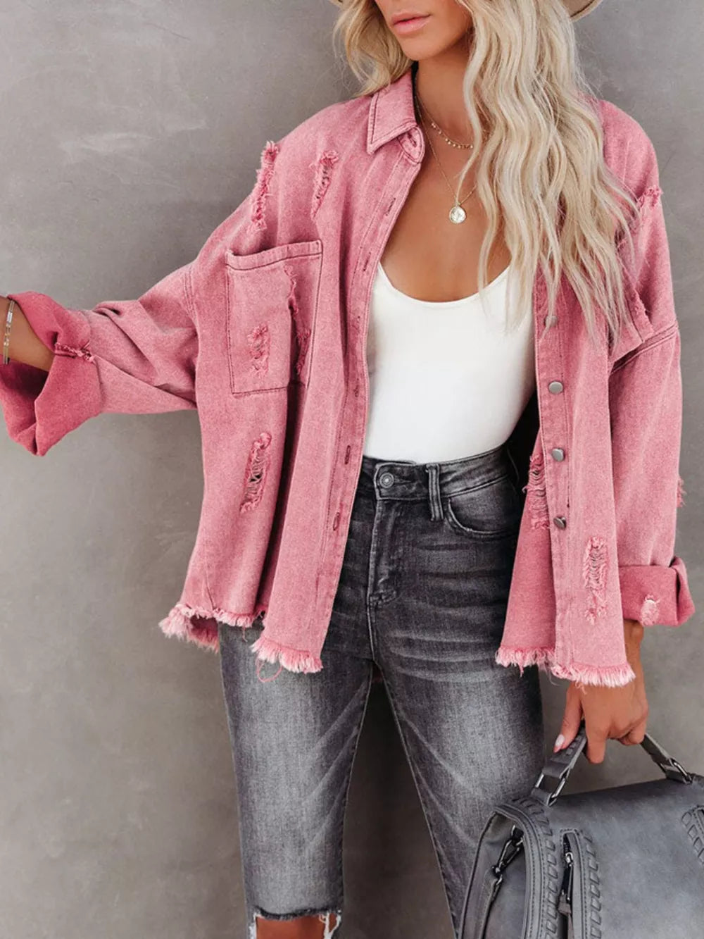 Raw Hem Button Up Denim Shacket