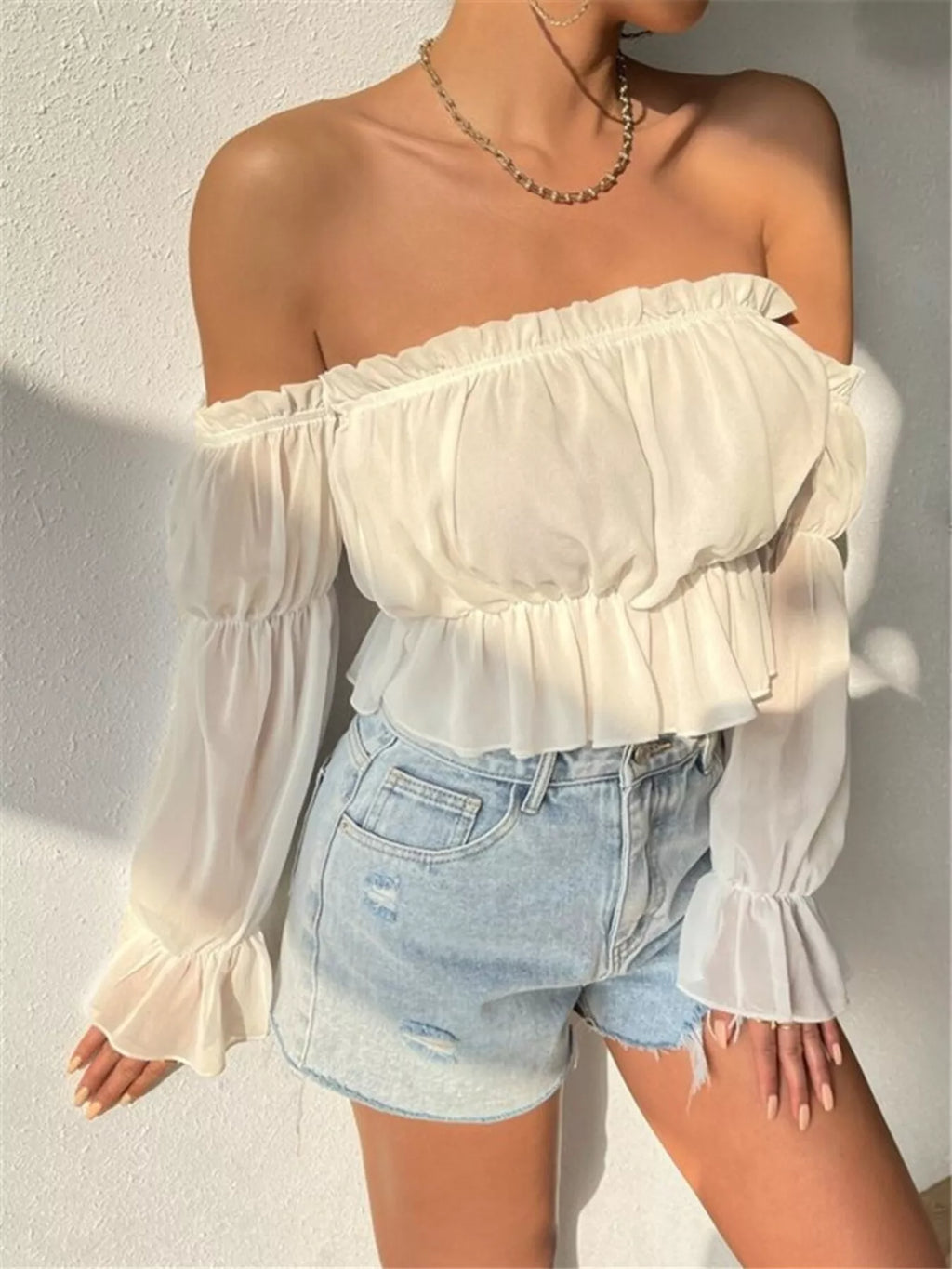 Off-Shoulder Ruffle Trim Sheer Cropped Blouse