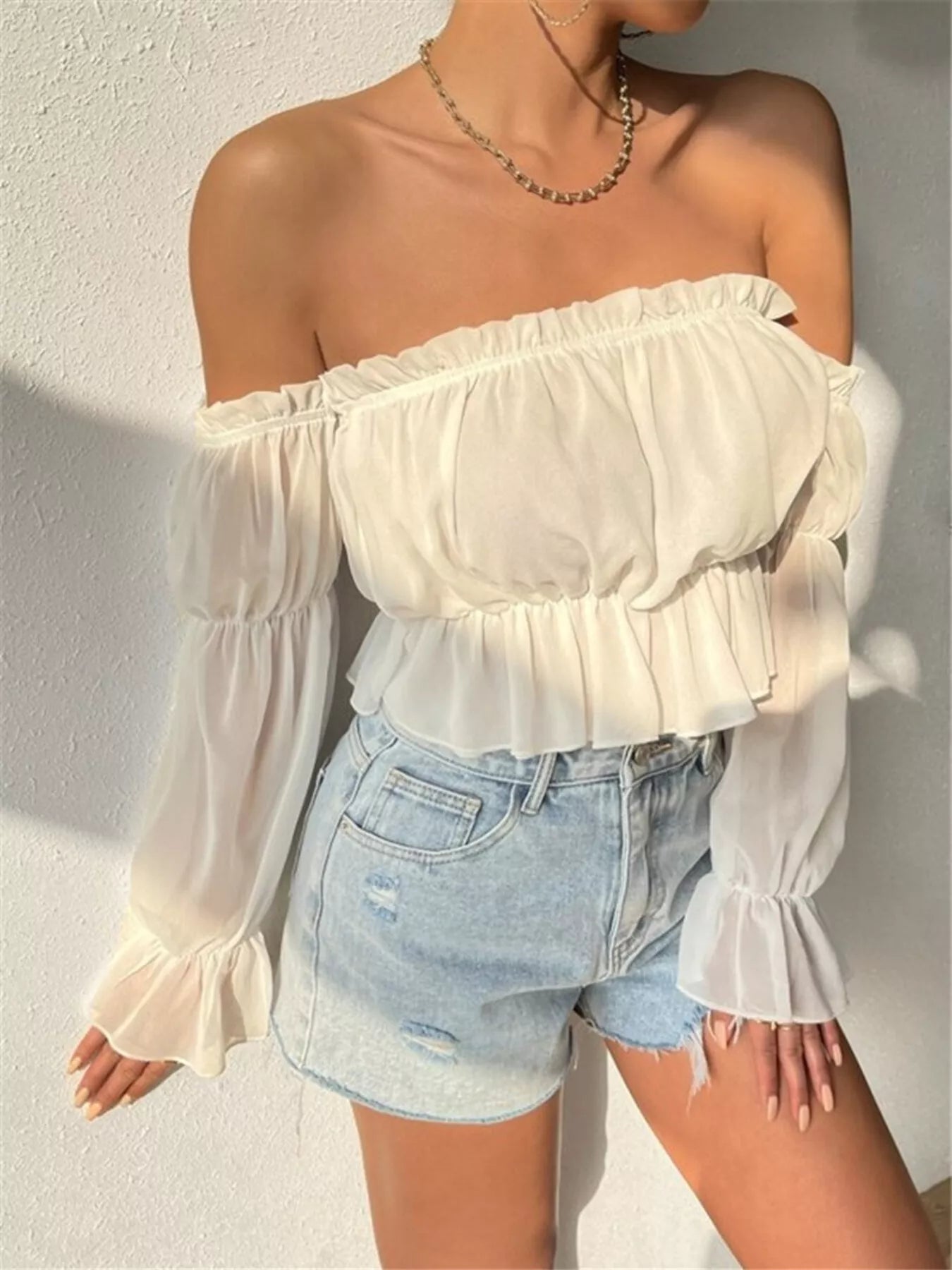 Off-Shoulder Ruffle Trim Sheer Cropped Blouse