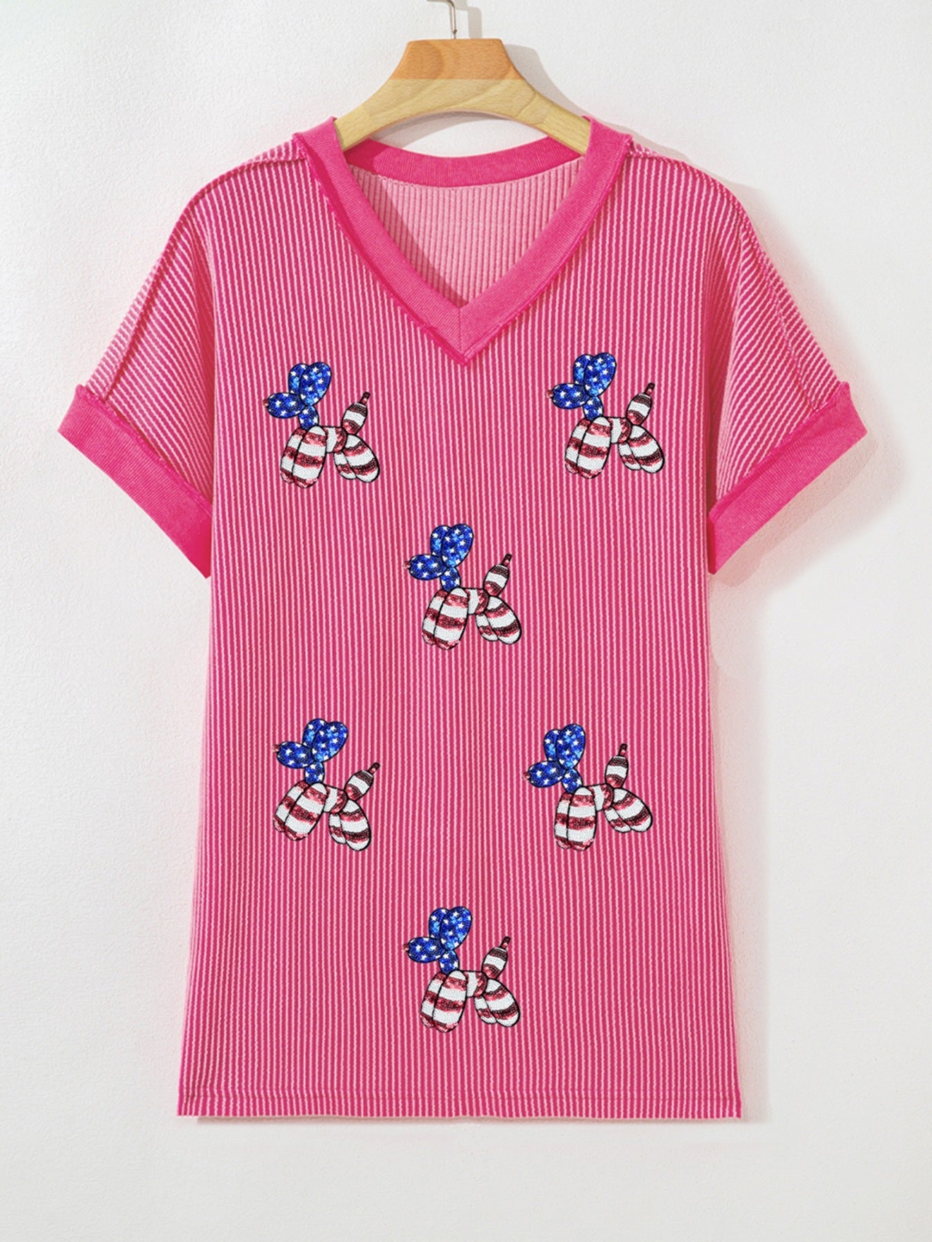 Twisted Rib Sequin Patriotic Balloon Dog V Neck Tee