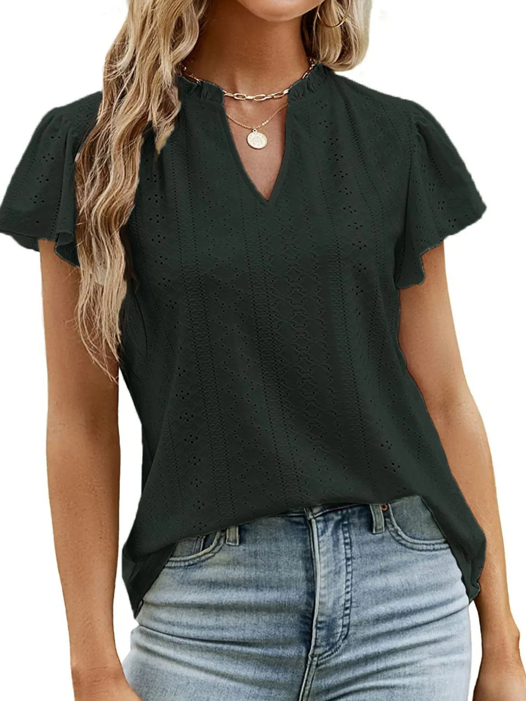 Eyelet Notched Short Sleeve T-Shirt