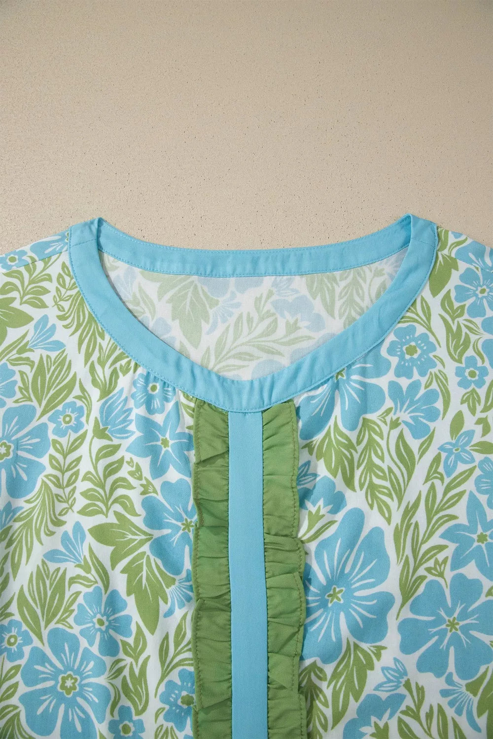 Floral Print Ruffled Color Block Trim Half Sleeve Blouse