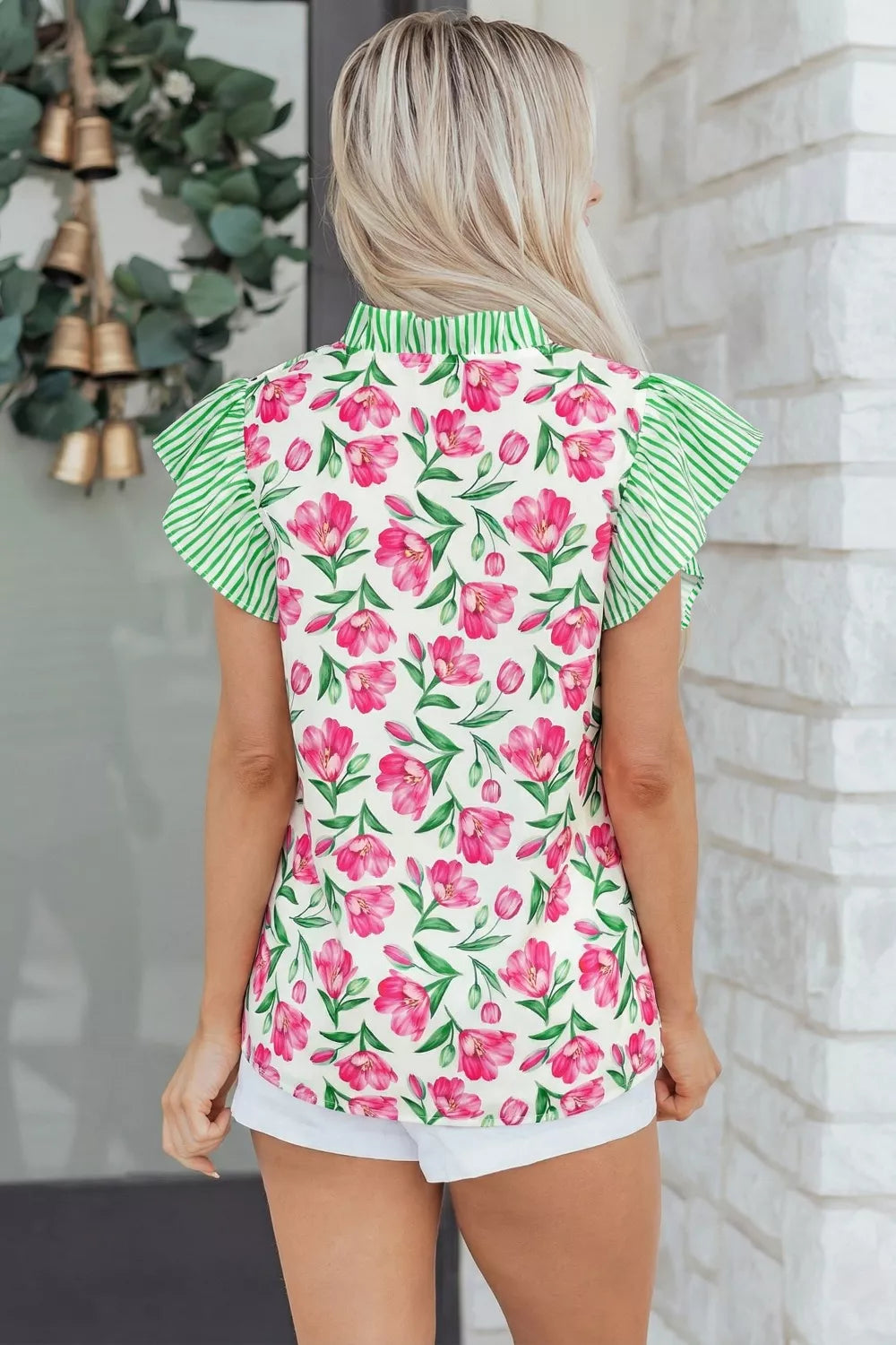 Floral Print Striped Ruffle Trim V Neck Blouse