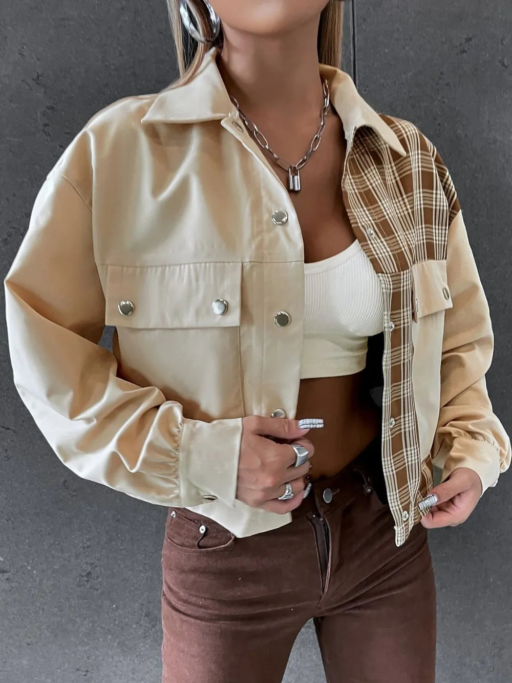Snap Down Color Block Plaid Jacket