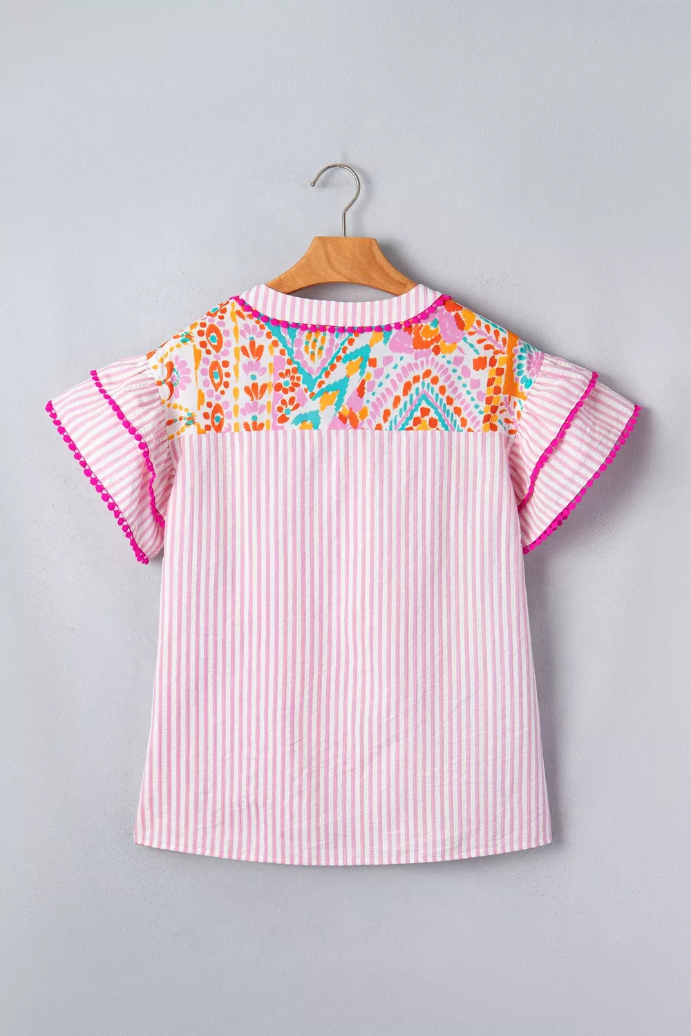 Mixed Print Contrast Trim Striped Patchwork Tiered Short Sleeve Blouse