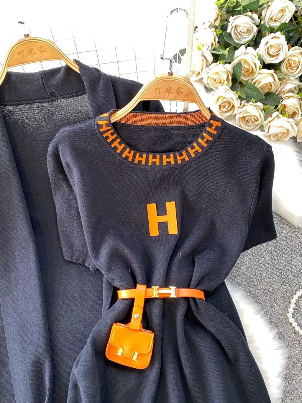 Round Neck Knitted Dress & Cardigan Set