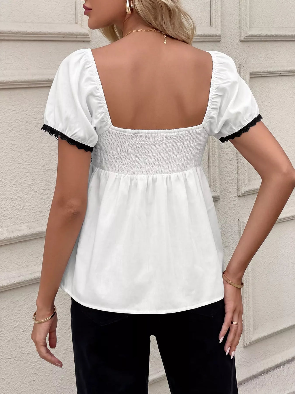 Lace Trim Bowknot Short Sleeve Blouse