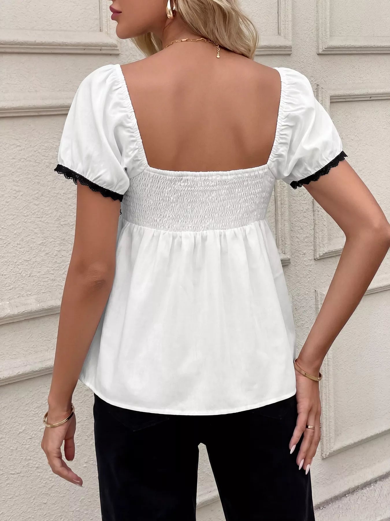 Lace Trim Bowknot Short Sleeve Blouse