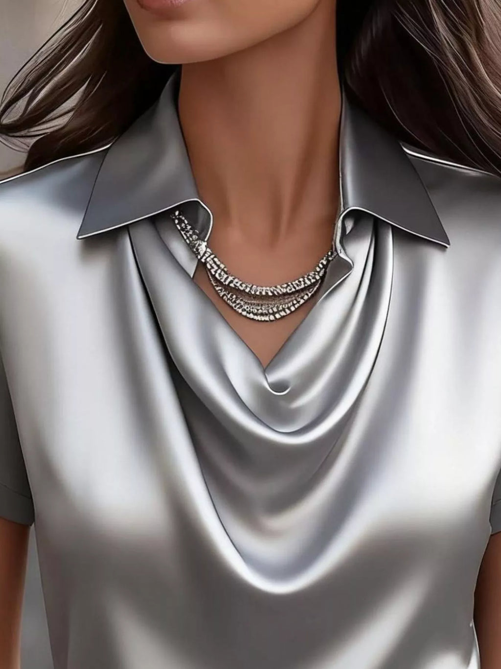 Full Size Cowl Neck Short Sleeve Satin Blouse Plus Size