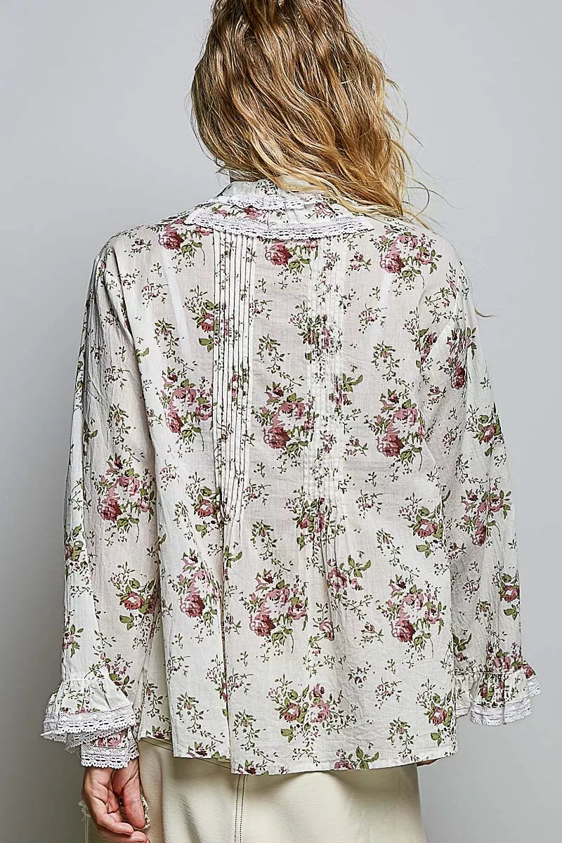 POL Floral Lace Trim Pintuck Button-Down Shirt