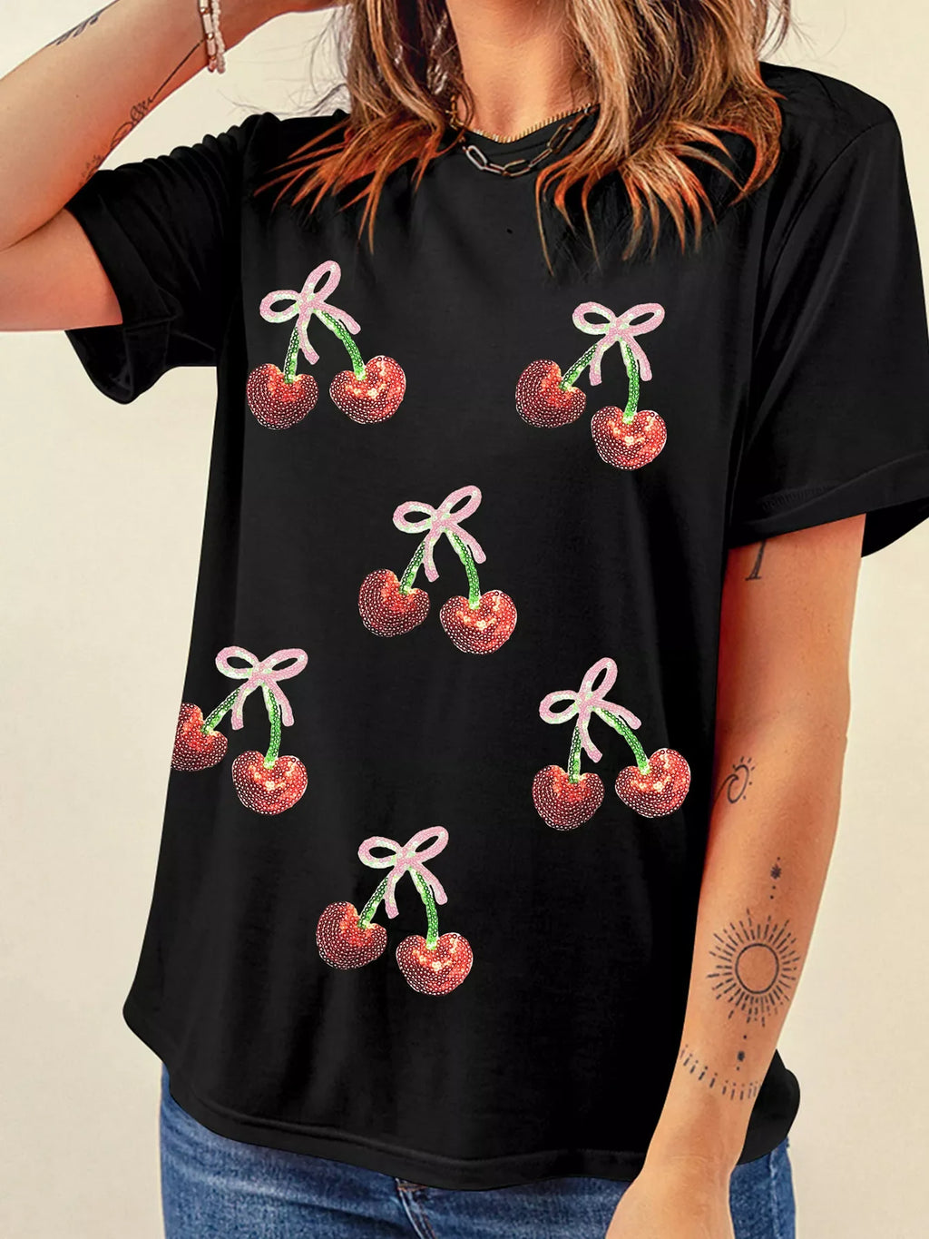 Full Size Sequin Bow Cheery Patched Valentines Tee Plus Size