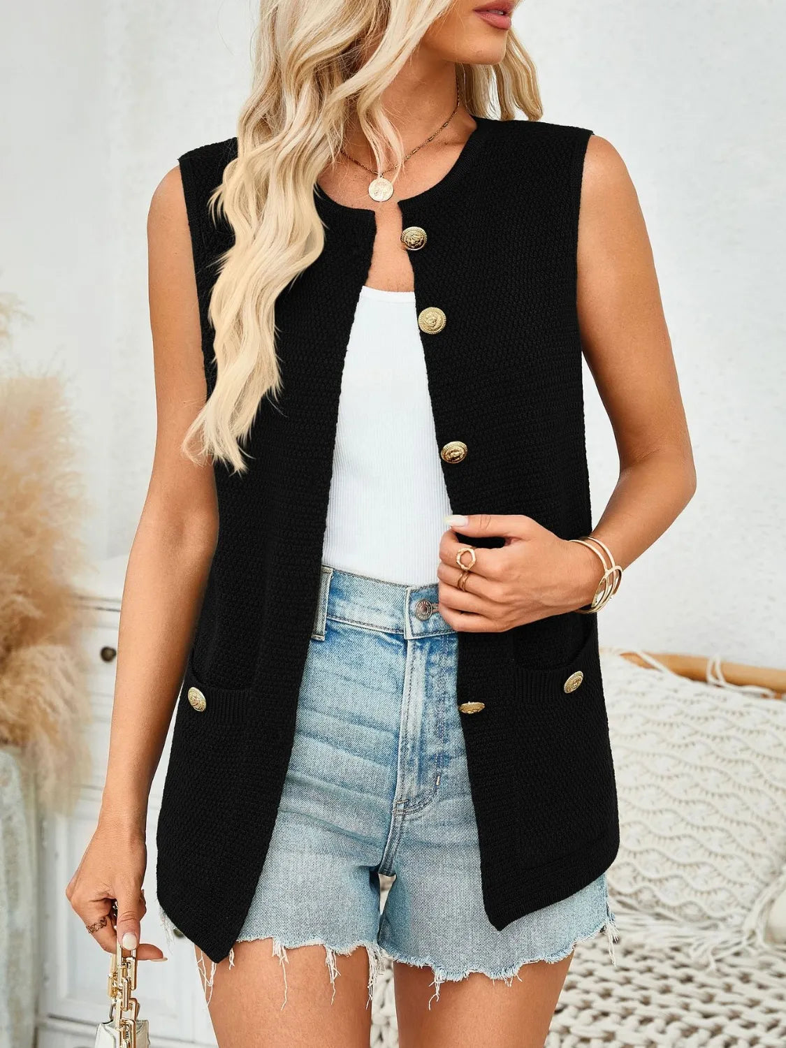 Button Down Round Neck Knit Vest
