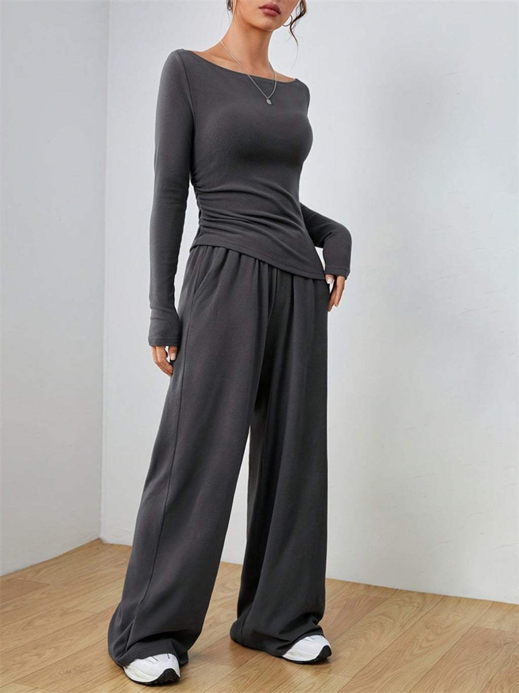 Casual Long Sleeve Top & Wide Leg Pants Set