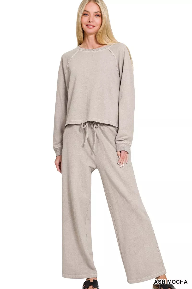 Zenana Washed F/terry Round Neck Pullover & Pants Set