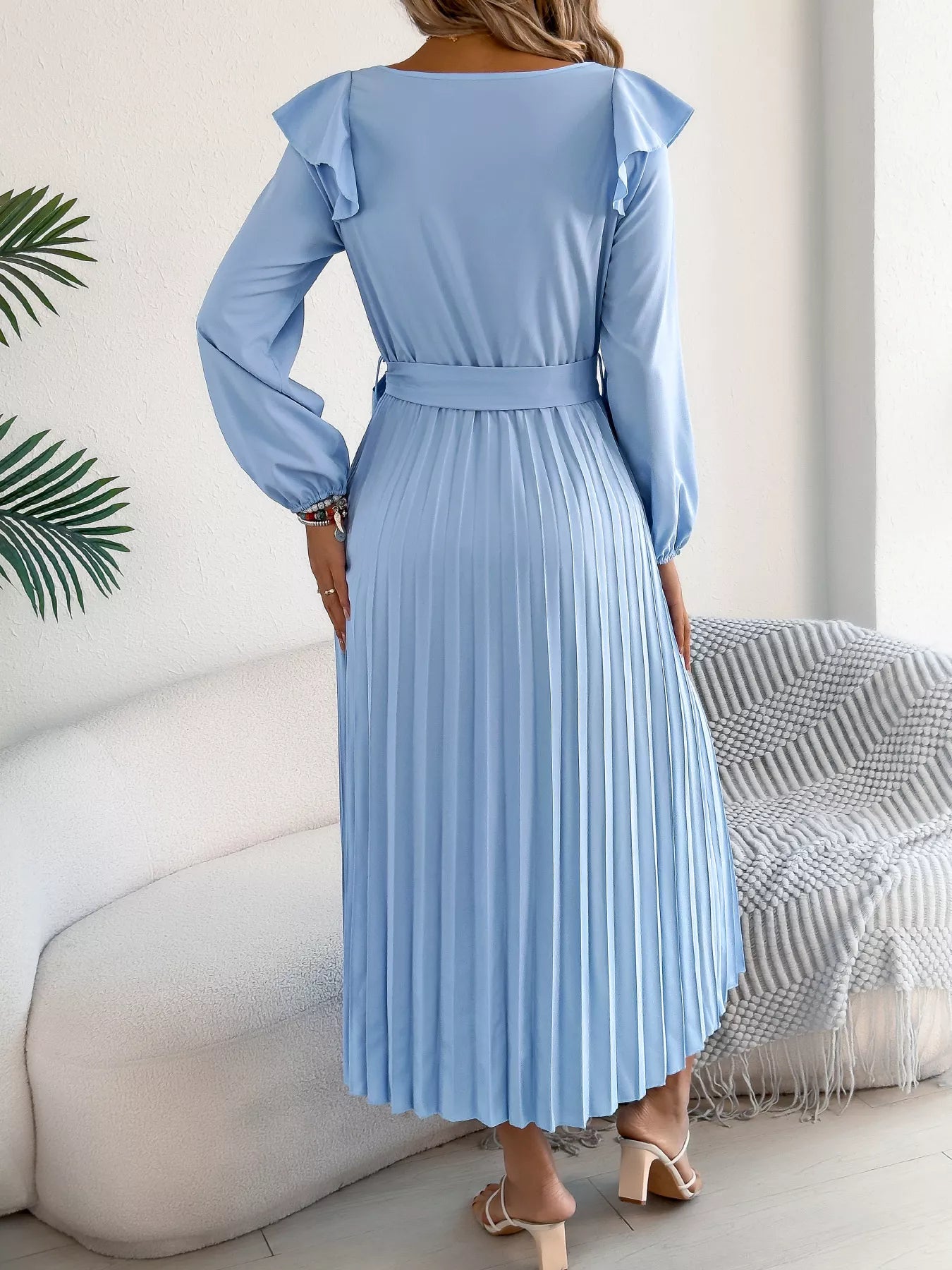 Ruffle Trim Pleated A-Line Midi Dress