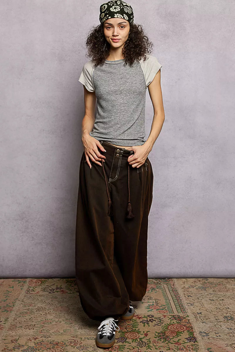 POL Round Neck Outseam Detail T-Shirt with Contrast Color Sleeves