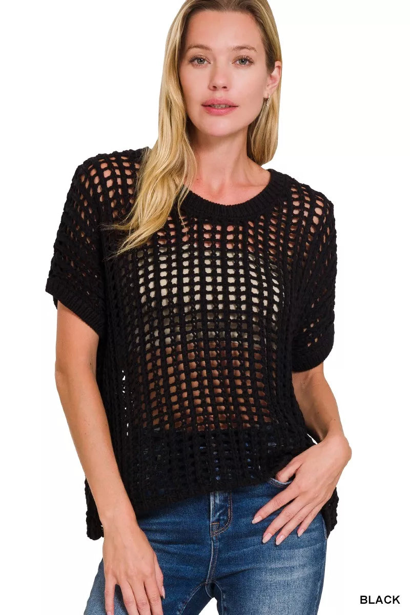 Zenana Fish Net Short Sleeve Crochet Knit Cover Up
