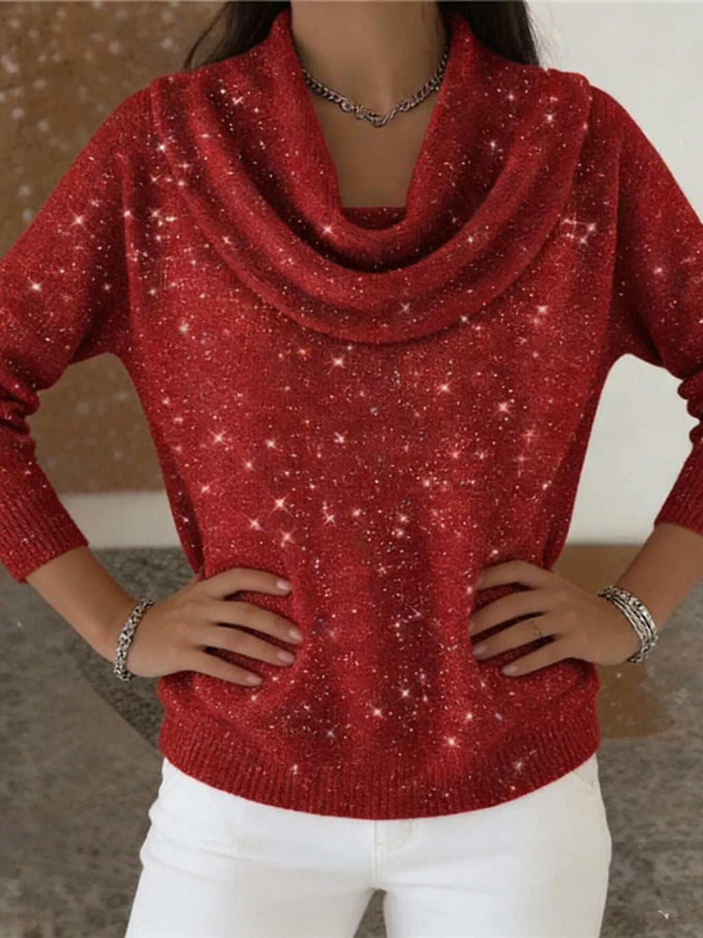 Full Size Glitter Cowl Neck Long Sleeve Sweater Plus Size