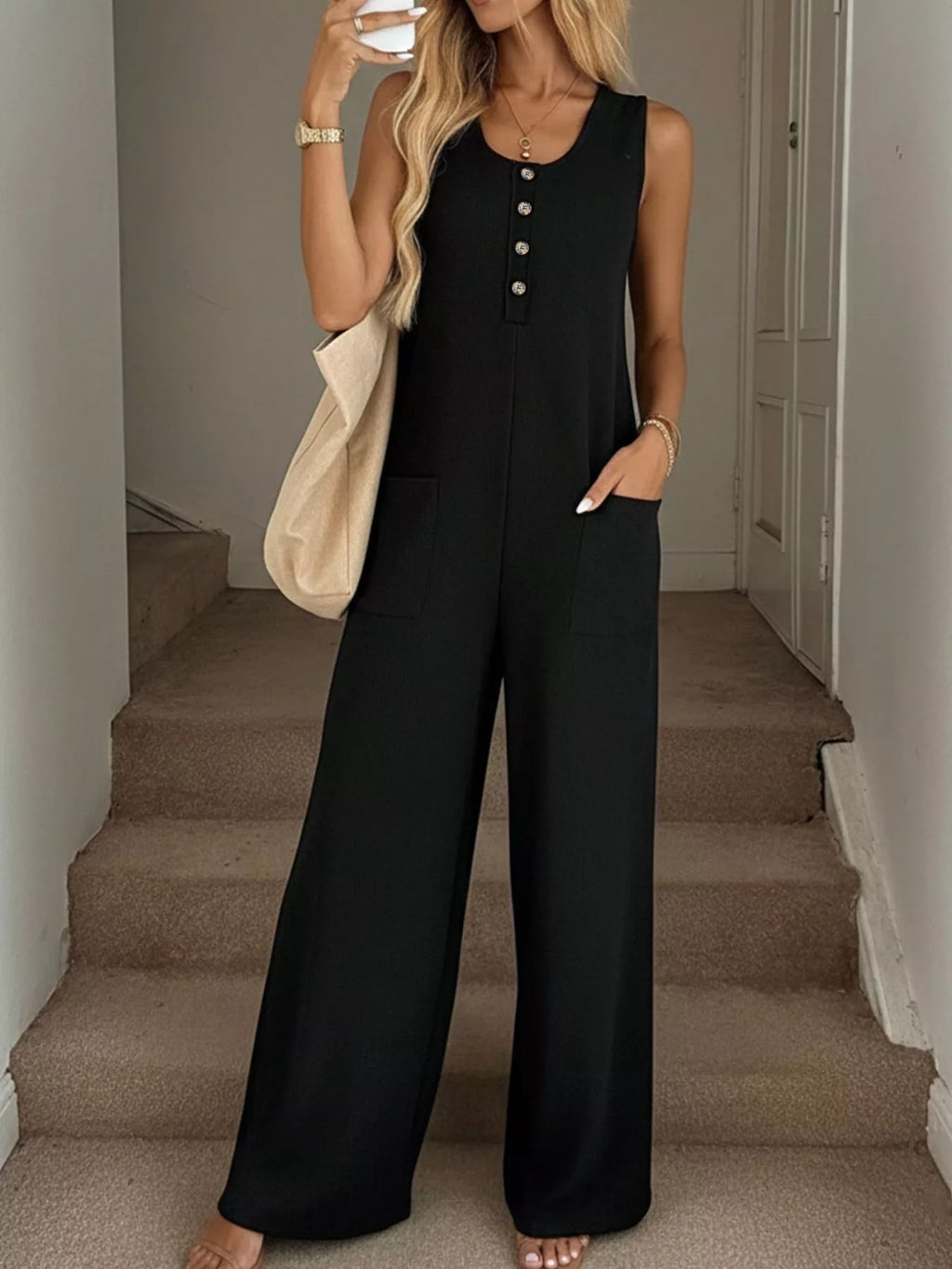Sleeveless Button-Front Wide Leg Jumpsuit