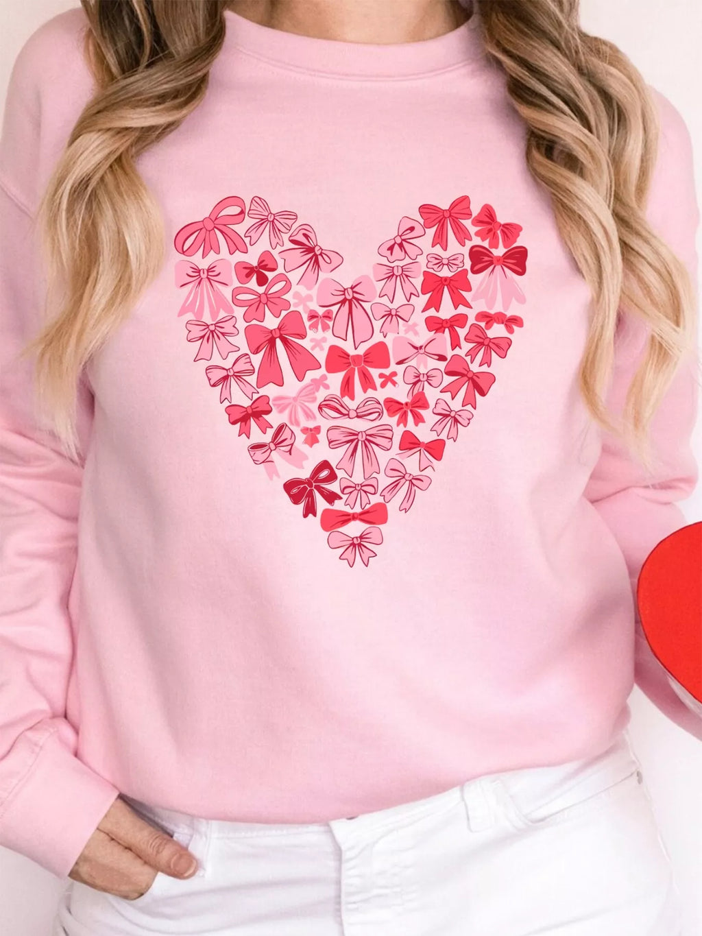 Bow Printed Big Heart Valentines Day Pullover Sweatshirt