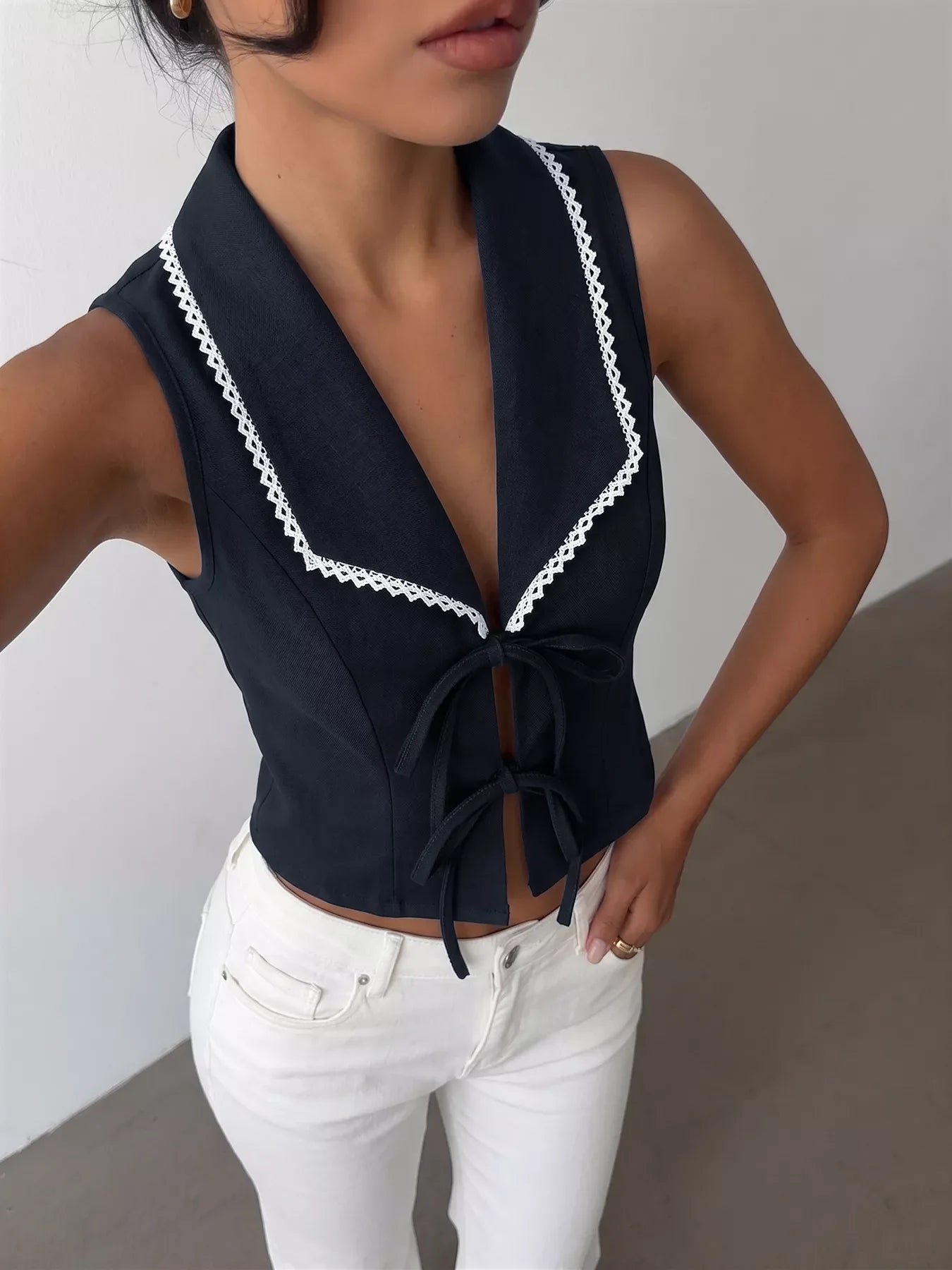 Lace Trim Tie-Front Vest