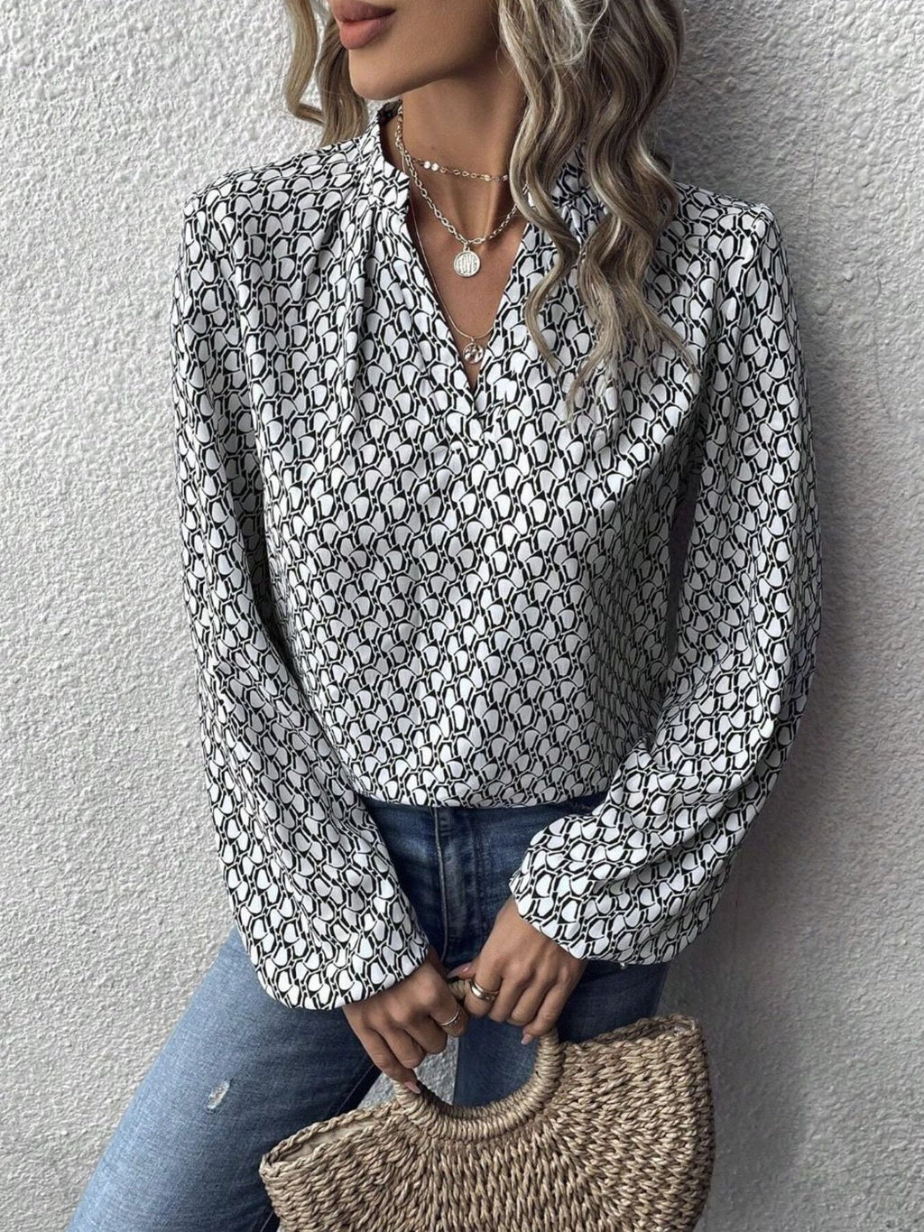 Printed Notched Balloon Sleeve Blouse