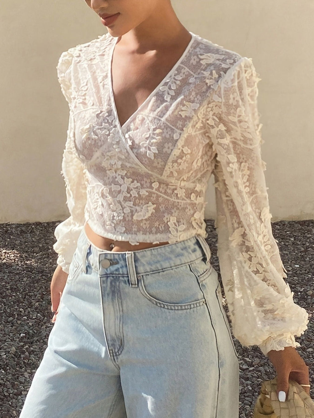 Lace Sheer Long Sleeve Wrap Blouse