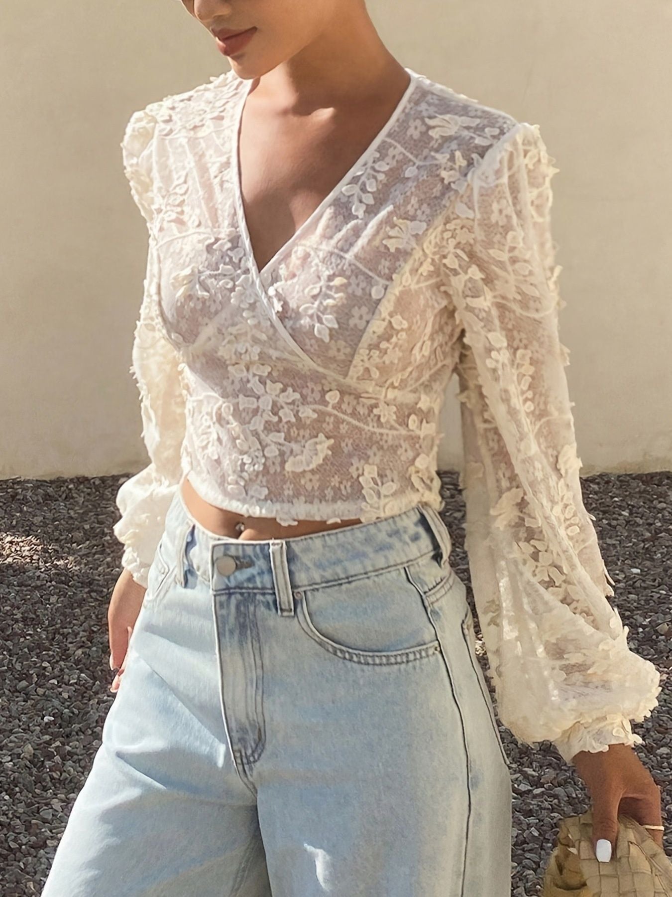 Lace Sheer Long Sleeve Wrap Blouse