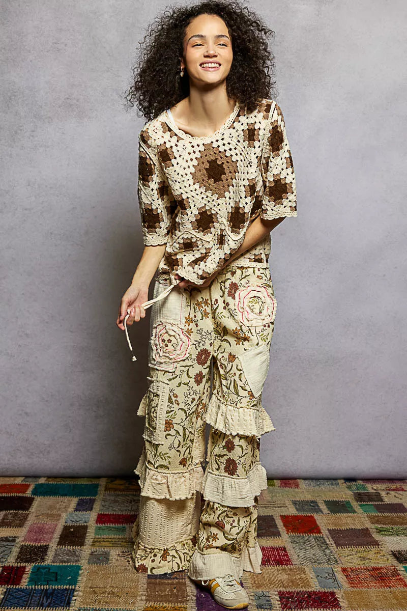 POL Round Neck Short Sleeve Color Pattern Crochet Top with Border Accents