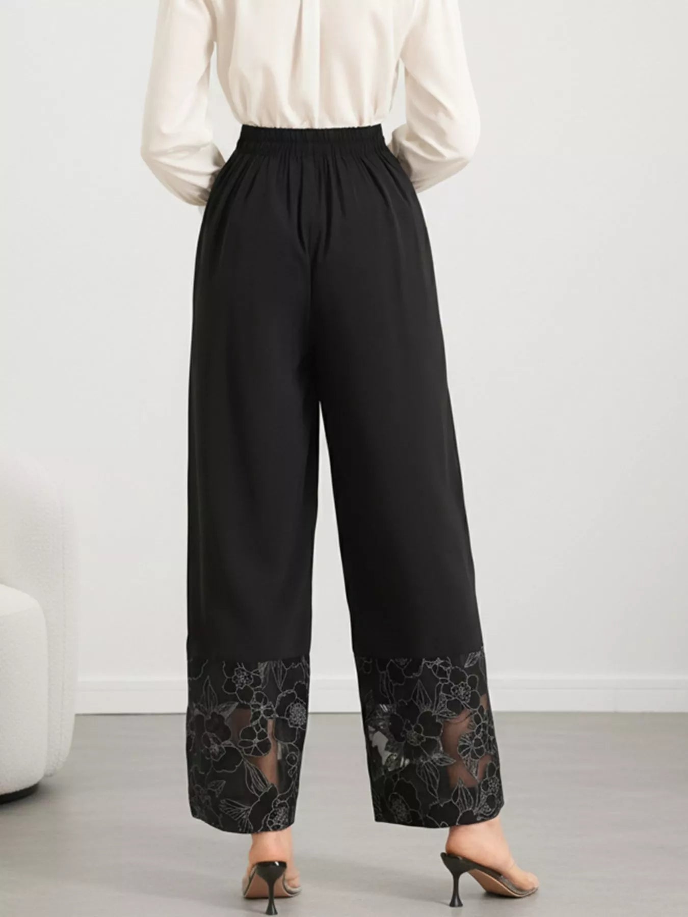 Floral Lace Hem Wide Leg Pants