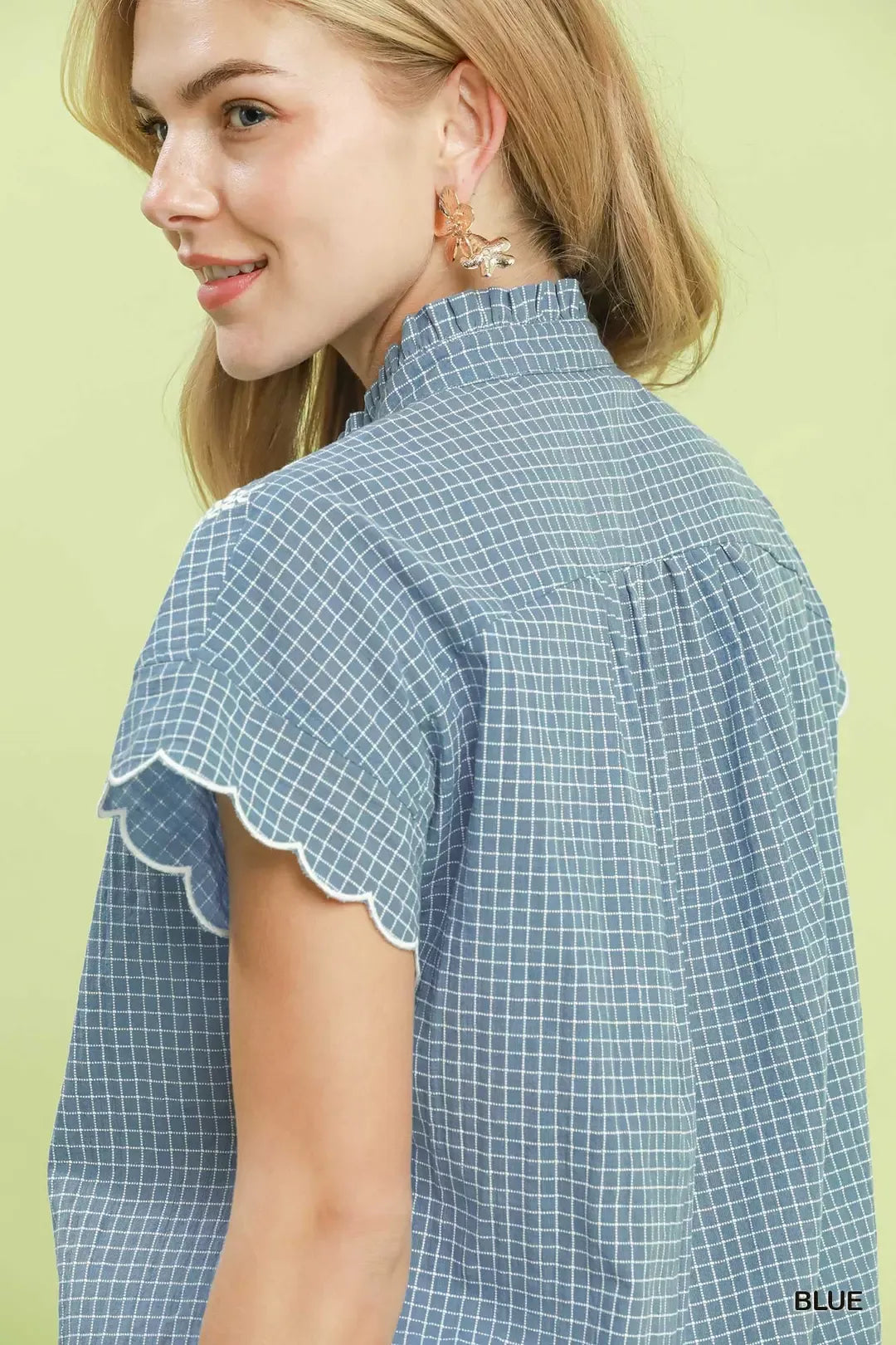 Umgee Embroidered Print Scallop Sleeve Button Front Blouse