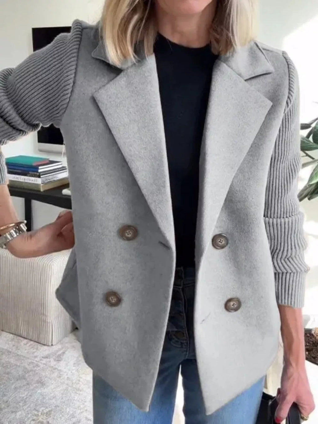 Full Size Knitted Sleeve Wool Blend Double-Breasted Blazer Plus Size