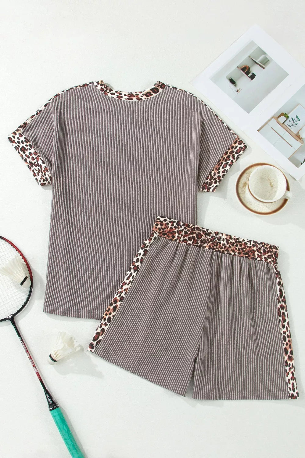 Leopard Trim Ribbed Knit Tee and Shorts Set