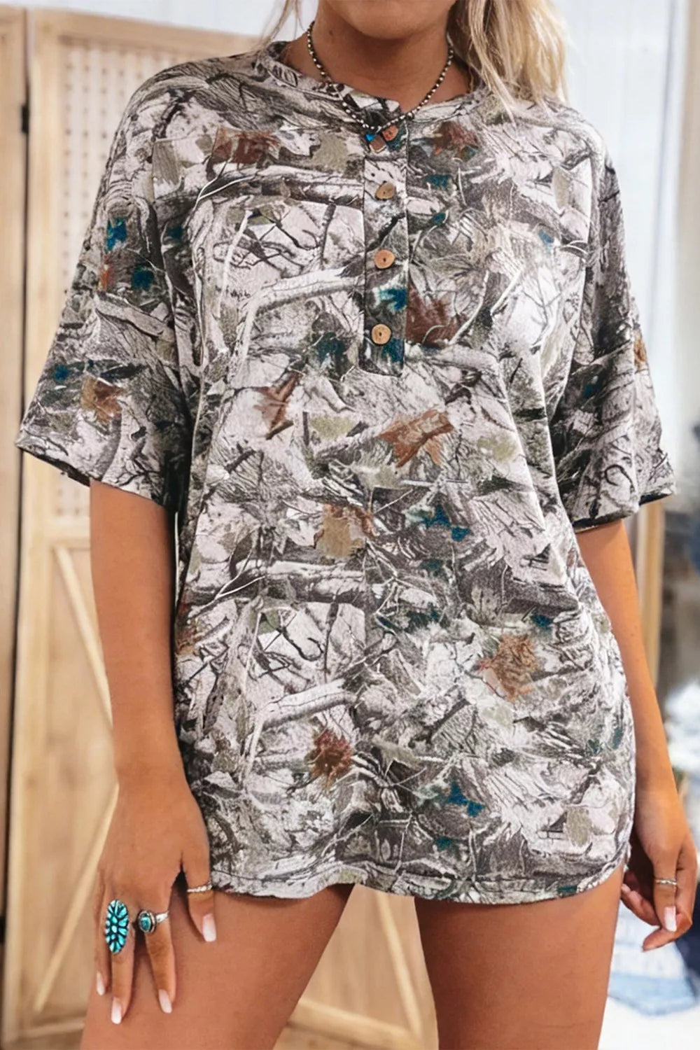 Abstract Woodland Print Tunic Henley T Shirt