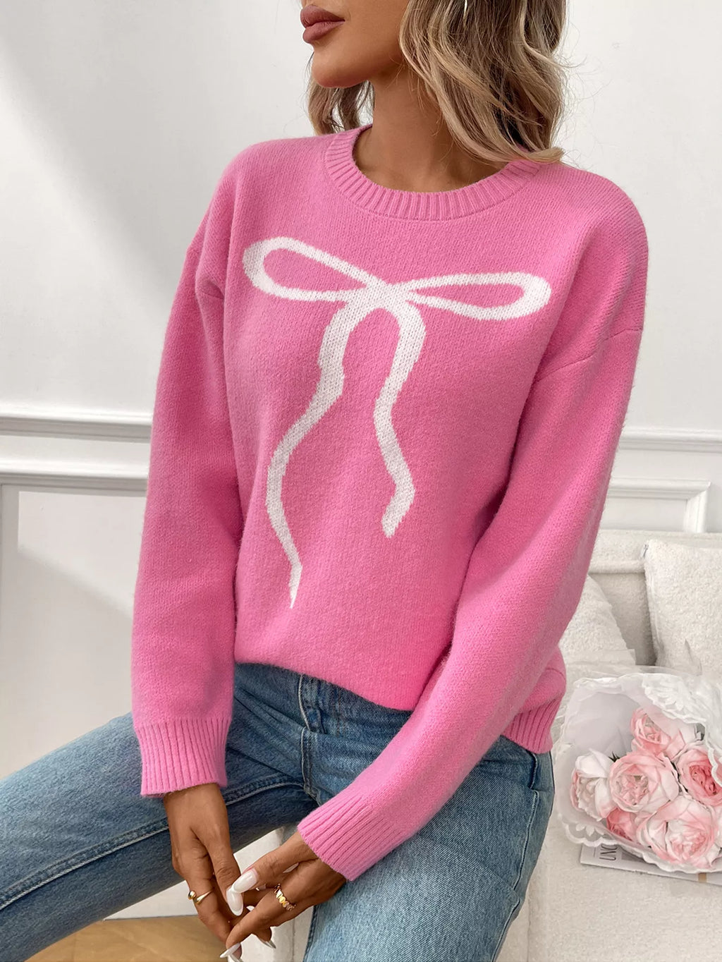 Bow Round Neck Long Sleeve Sweater