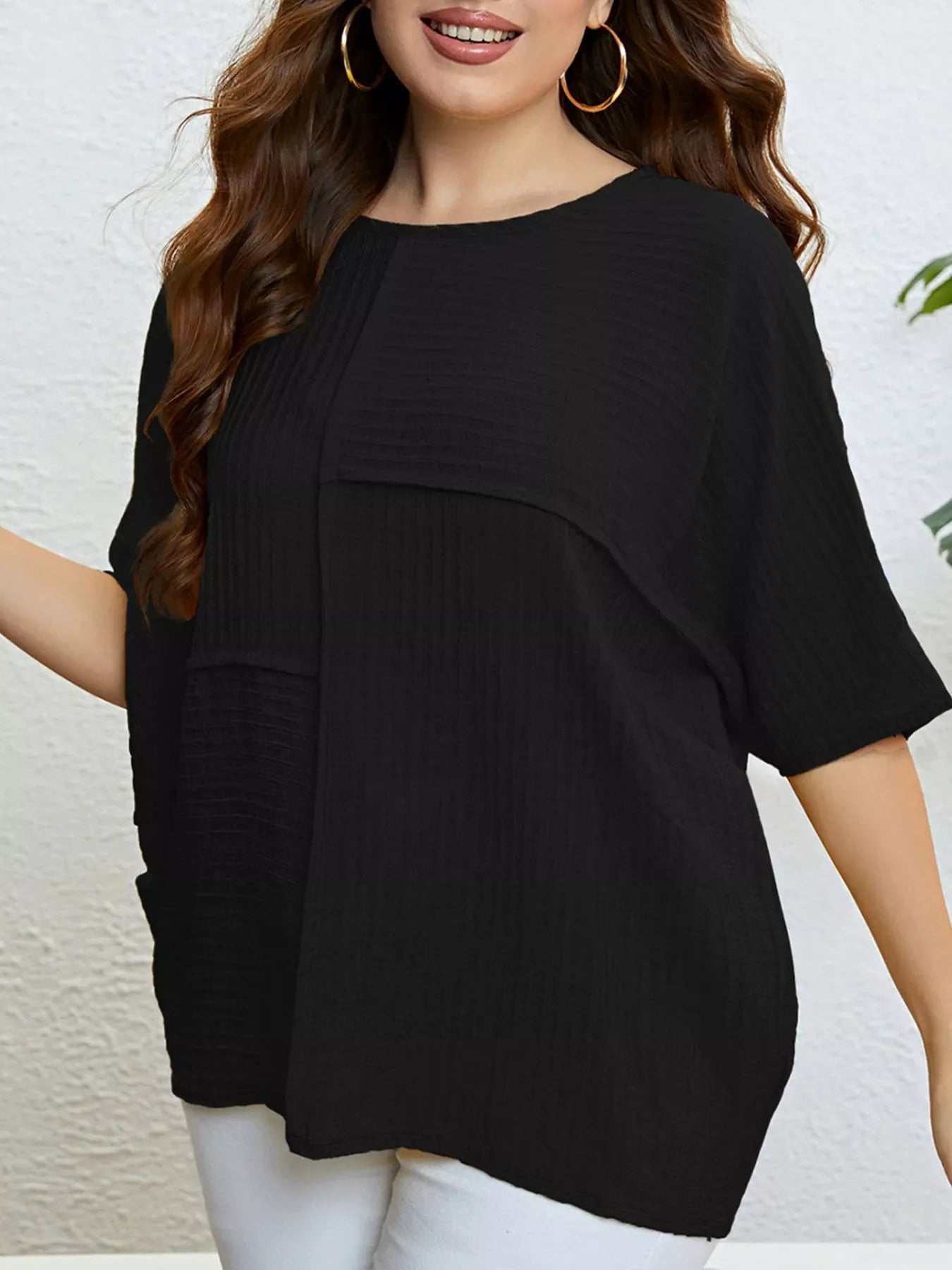 Plus Size Relaxed Fit Textured Half Sleeve T-Shirt
