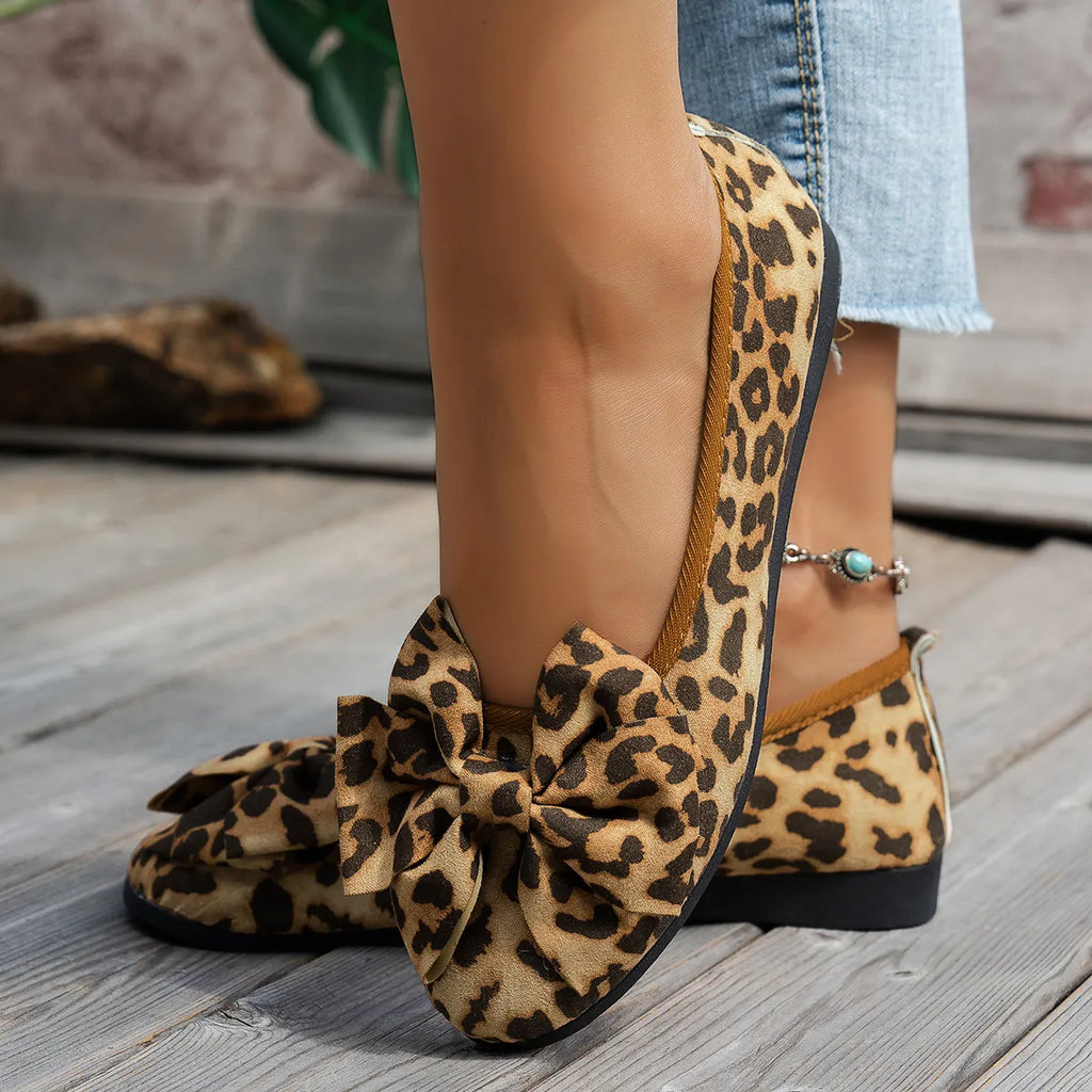 Leopard Bow Flat Slip-Ons