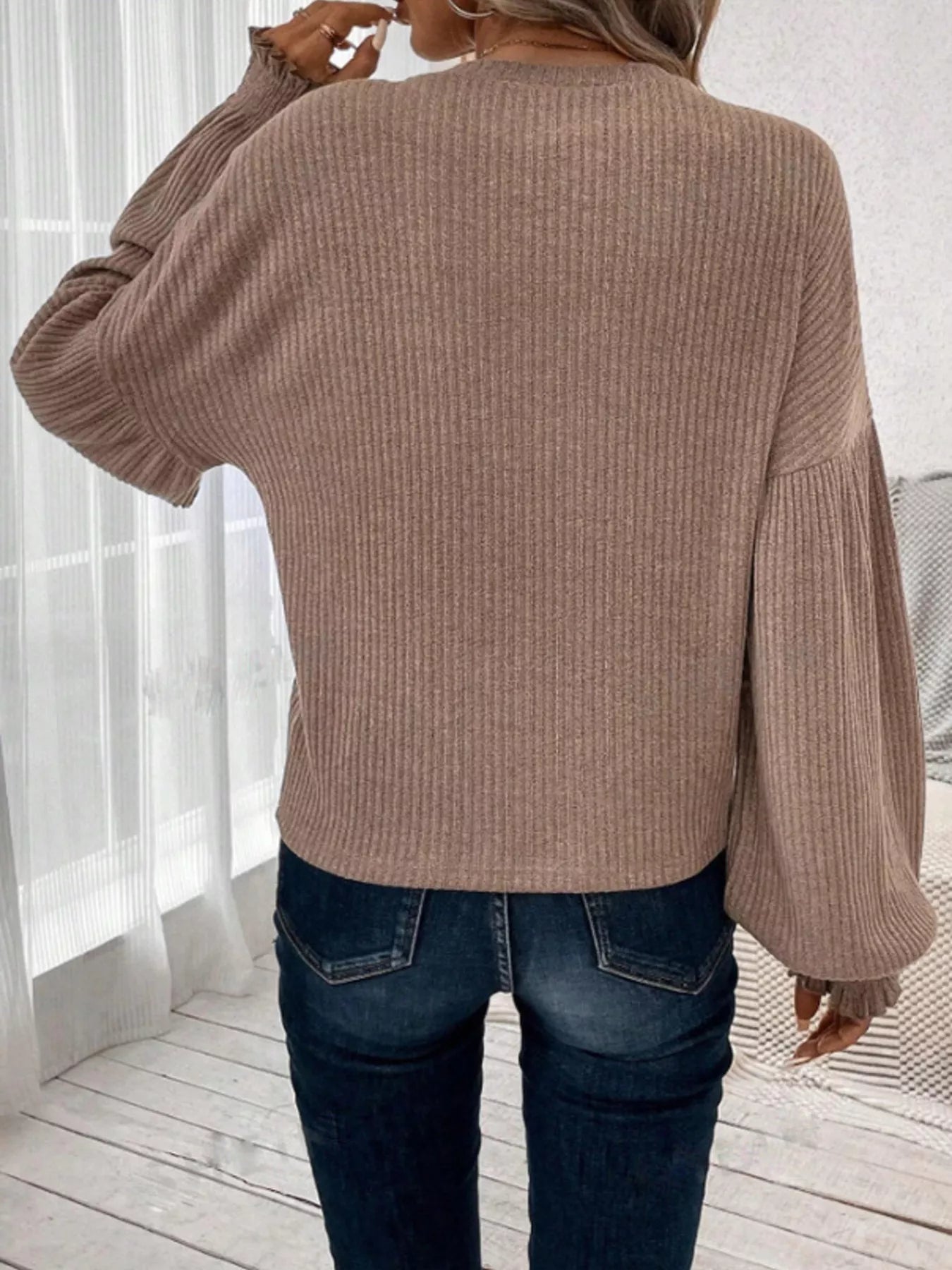 Ribbed Knit Long Sleeve T-Shirt