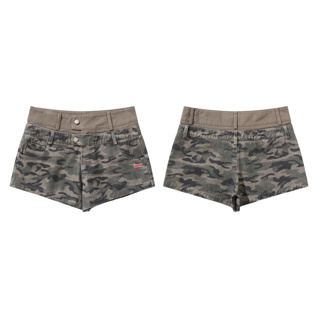 Camouflage double-layer waist low waisted denim shorts for women
