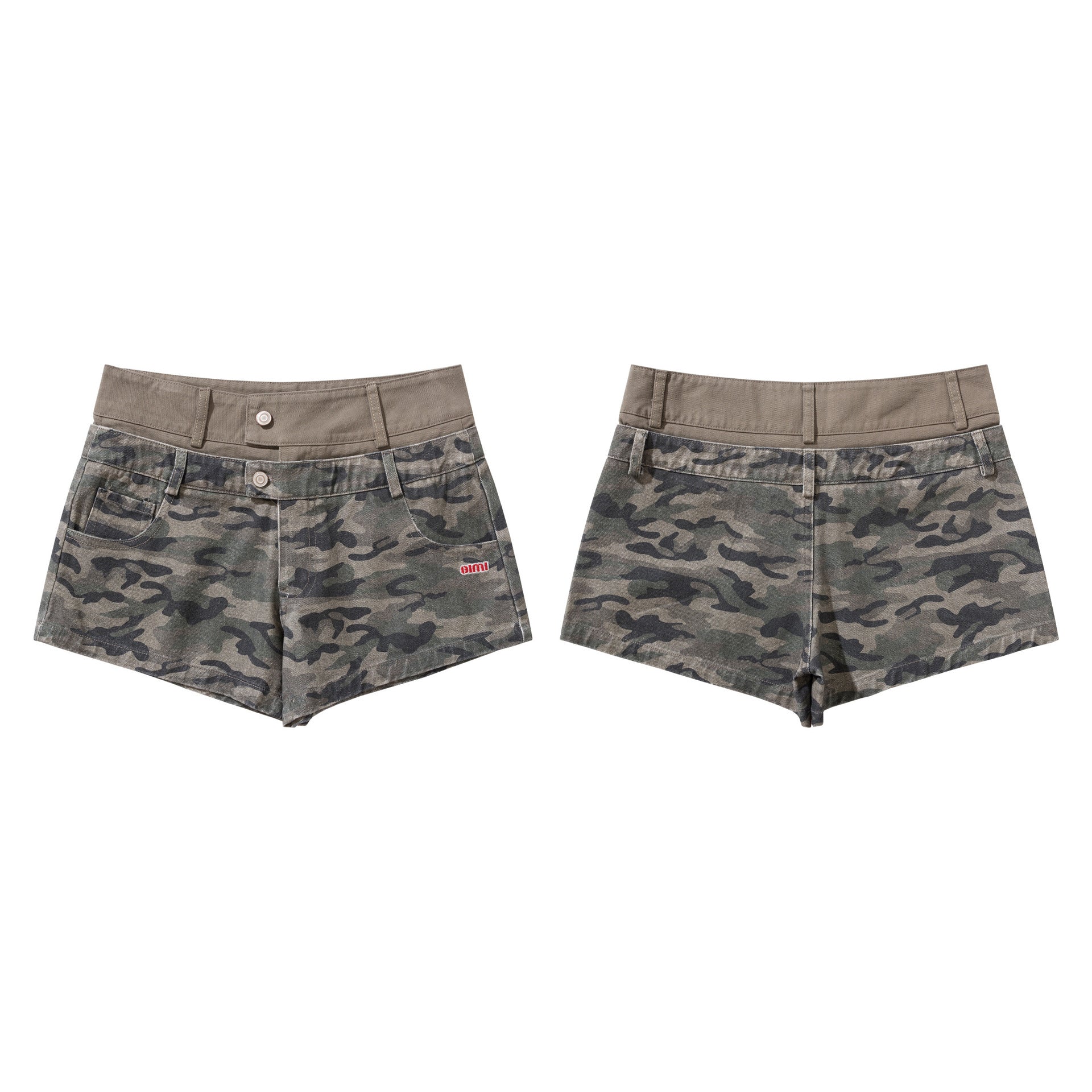 Camouflage double-layer waist low waisted denim shorts for women