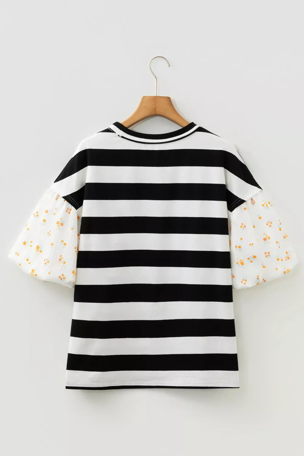 Stripe Floral Print Puff Sleeve Patchwork Blouse